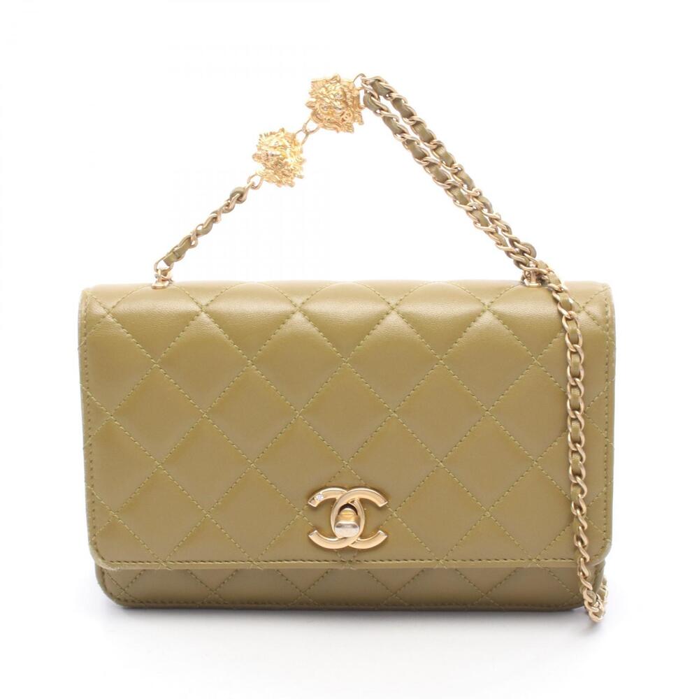 Chanel Matelasse Shoulder Bag Leather Khaki Green